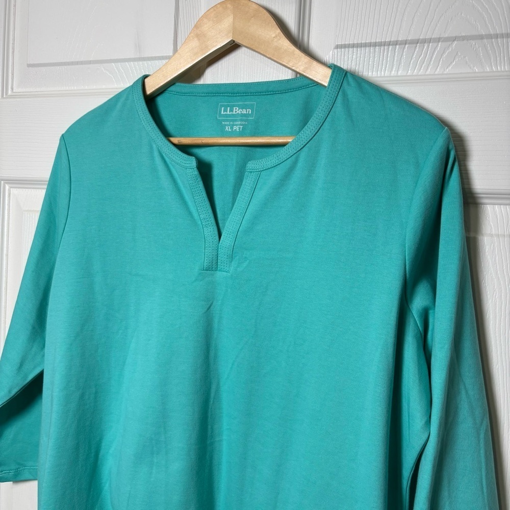 L.L.Bean Top Women's XL Petite Turquoise Blue V-Neck 3/4 Sleeve Coastal Cotton - Picture 3 of 9